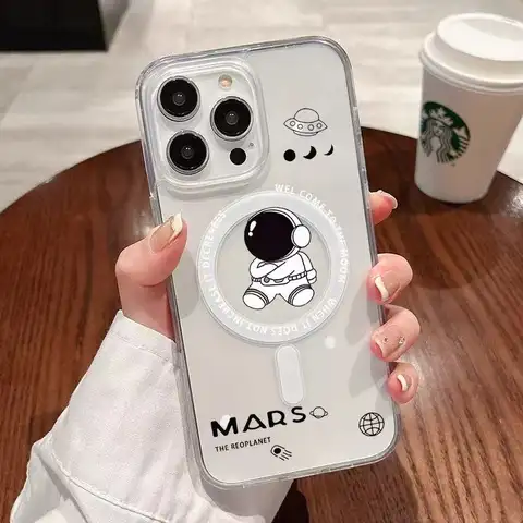 Cartoon Astronaut Für Magsafe Drahtlose Ladegerät Fall Für iPhone 16 14 13 12 11 15 Pro Max PIus XR XS X Für Magsafe Klare Abdeckung