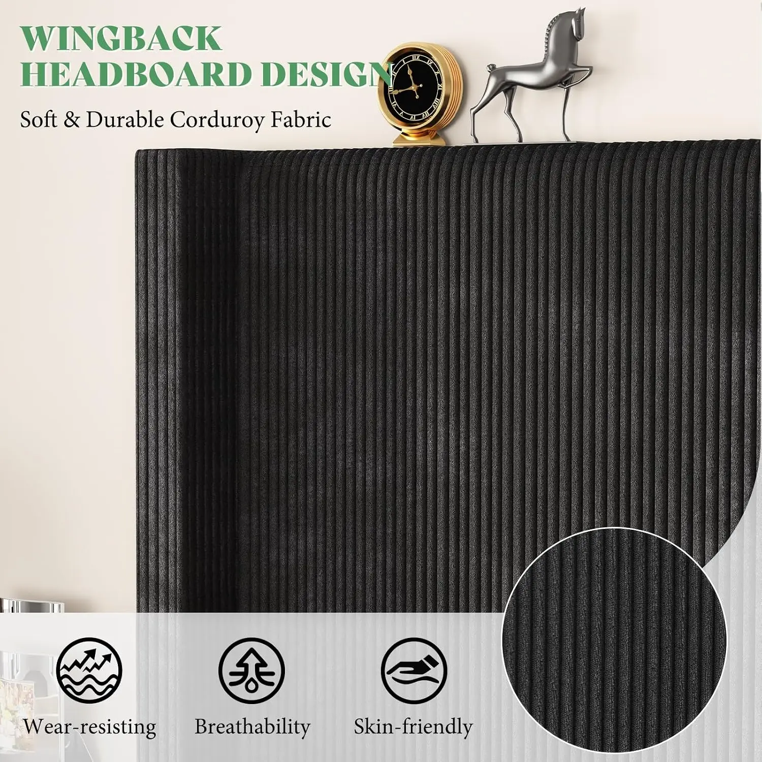 Corduroy Platform Bed King Size Wingback Headboard Black, Customized
