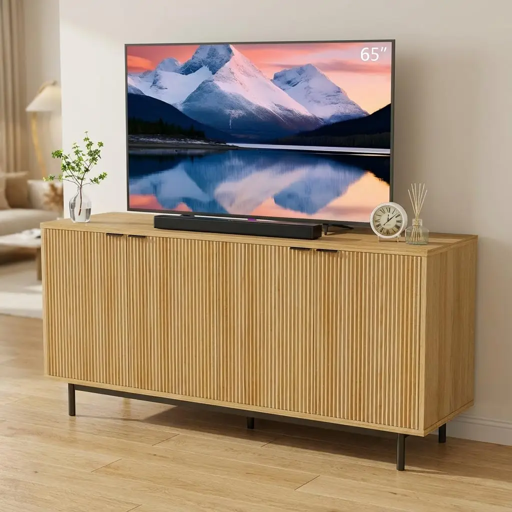 58 Inch TV Stand Sideboard Cabinet, Natural Wood Media Console 4 Doors Adjustable Shelves for Living Room Bedroom, Customized