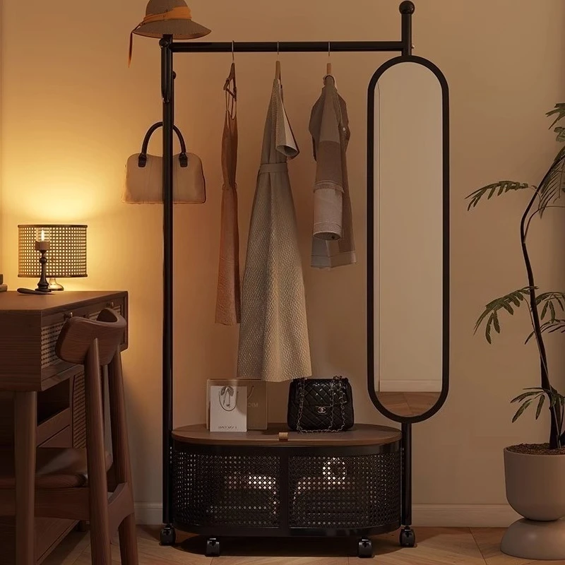 

Movable, hanger with mirror, bedroom floor type, full body mirror, integrated coat rack fitting, storage rack