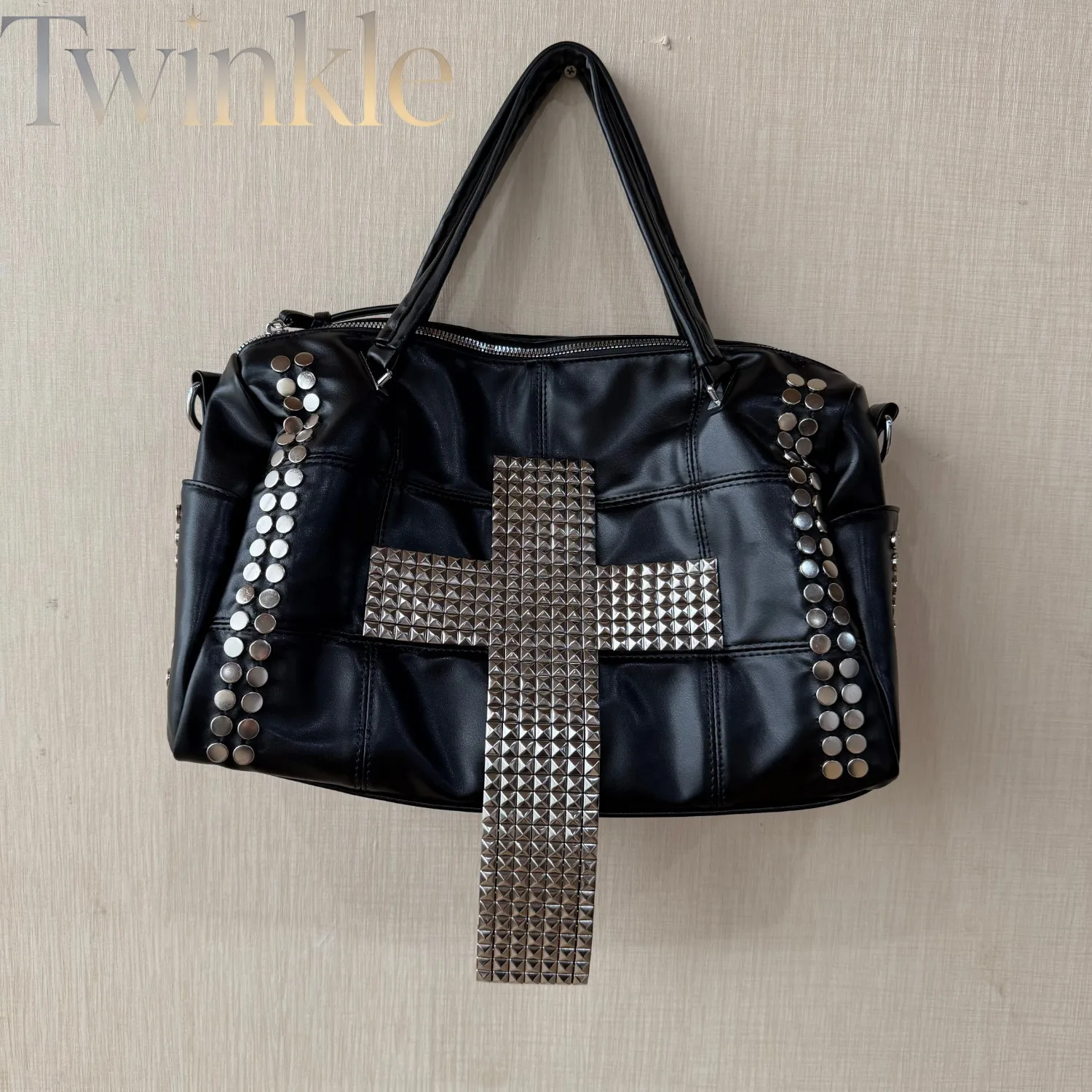 Punk Crossbody Bag Studded Rivet Cross Handbag Large Capacity Black Shoulder Purse Subculture Gothic Tote Y2K Alternative