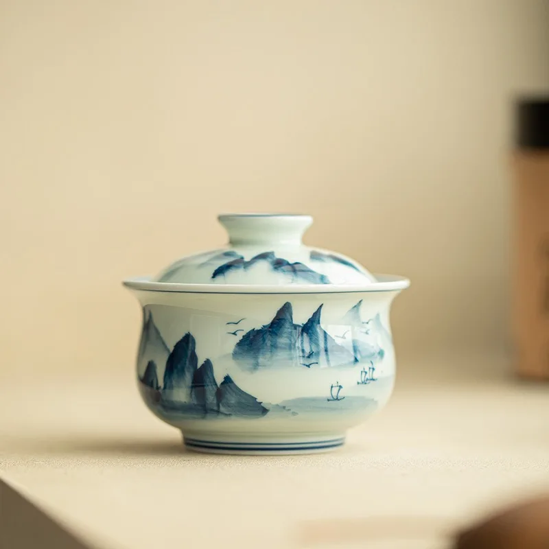 

150ML Jingdezhen Underglaze Color Hand-painted Landscape Cover Bowl Blue and White Ceramic Tea Chinese KungFu TeaSet Teacup Gift