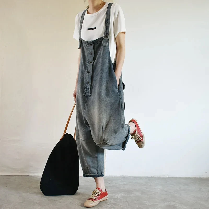 Denim Jumpsuits for Women Spring Summer Vintage Loose High Waist Blue Denim Pants Female Clothes Oversized Cross-Pants Overalls