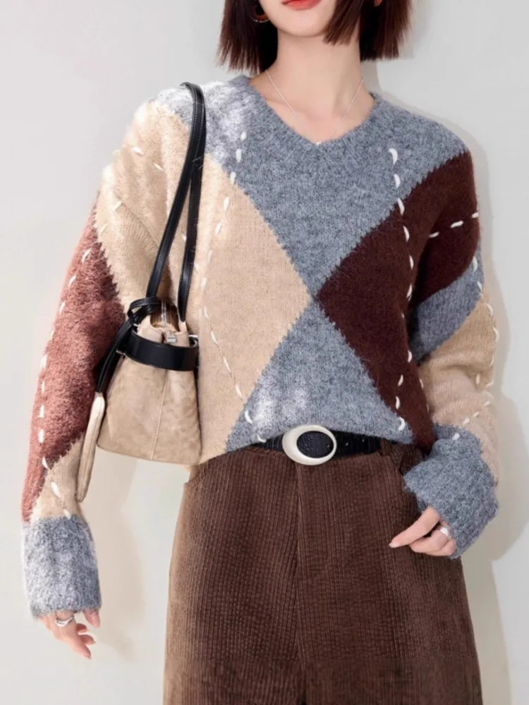 

Новый цветной контрастный повседневный вязаный пуловер в ленивом стиле, женский осенне-зимний модный свитер с v-образным вырезом и длинными рукавами для поездок на работу