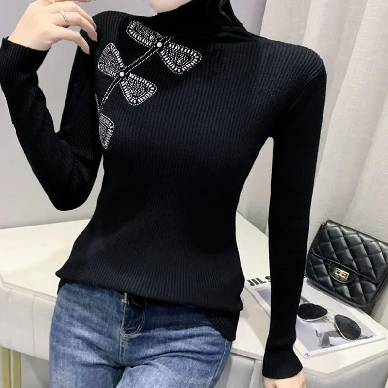 Trend Office Lady Simplicity Undercoat Slim Women\'s Clothing Fashion Casual Diamonds Solid Color Pullovers Winter Thin Sweaters