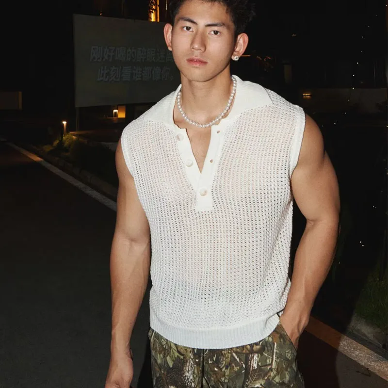 

Лето с воротником-поло, новый стиль, европейская и американская мужская мода, мужская одежда без рукавов, европейский и американский вязаный жилет