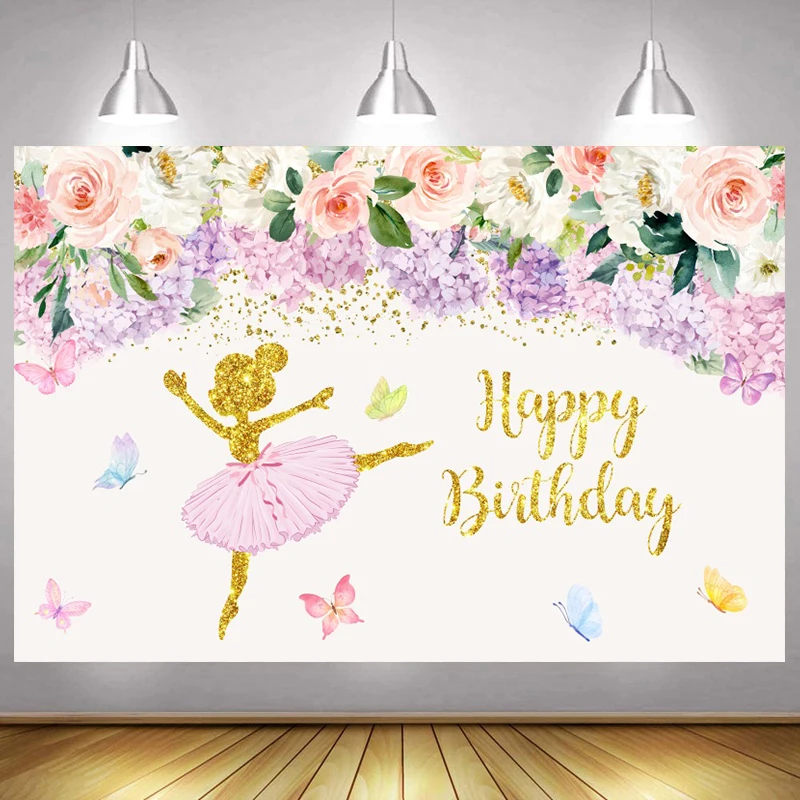 Ballerina Decorations Birthday Party Banner Baby Girls Room Decoration Flowers Butterfly Kids Ballet Photography Background Pink