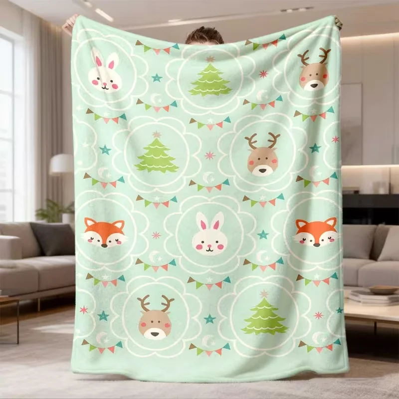 Cute Cartoon Fox Rabbit Deer Christmas Blanket Xmas Tree Star Pattern Soft Warm Throw Blanket Couch Bed Decor