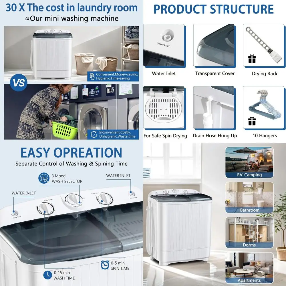 

Компактная стиральная машина с двумя баками, сушилкой и вешалками, загрузка 13 фунтов, отжим 9 фунтов, портативная для кемпинга и автодомов