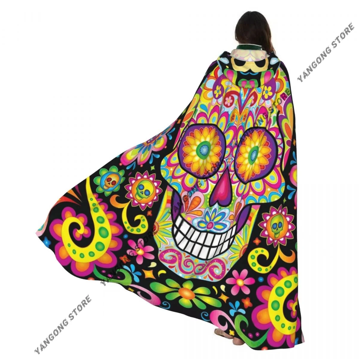 

Mexican Sugar Skull Day Of The Dead Hooded Cloak Coat Halloween Cosplay Costume Vampire Devil Wizard Cape Gown Party
