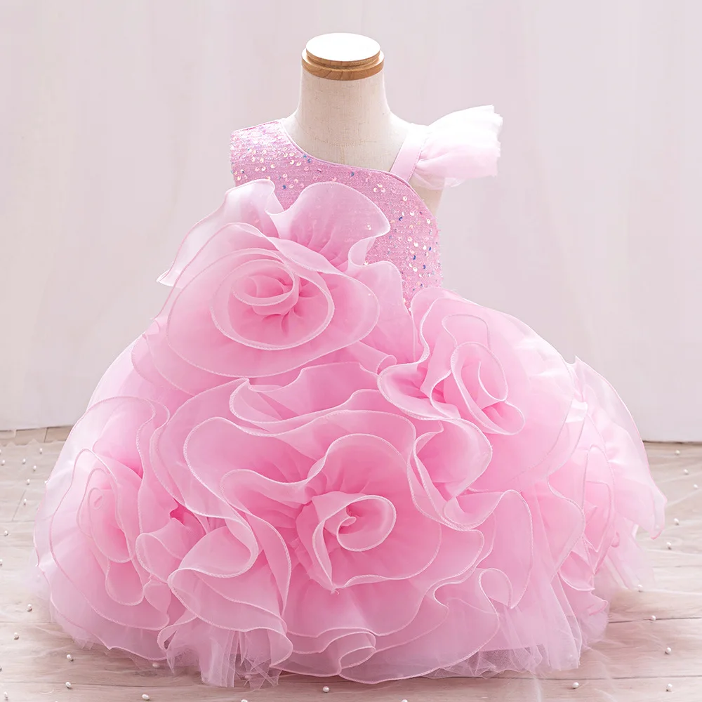 

Girls' Princess Gown with Large Floral Sequins - Puffy Formal Dress for Kids' Piano Recitals & Performances