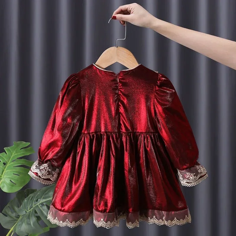 Winter Rode Jurk Chinese Nieuwjaar Kleding Voor Meisjes Lange Mouw Kanten Strik Lolita Prinsessenjurk Baby Kids Fluwelen Rok Broek Set