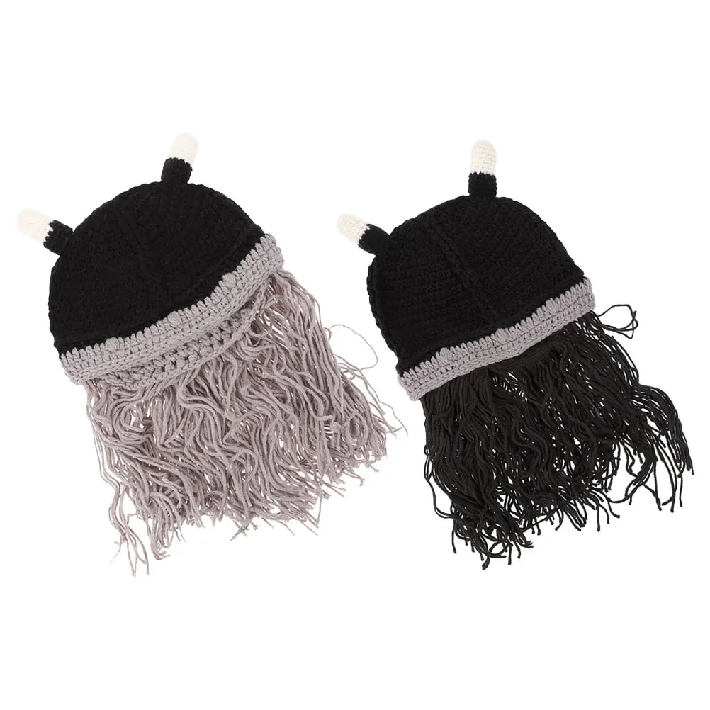 

2pcs Viking Hat Short Beard Long Beard Horned Beanie Caps Costume Autumn Winter Gathering Accessory Cosplay Decor