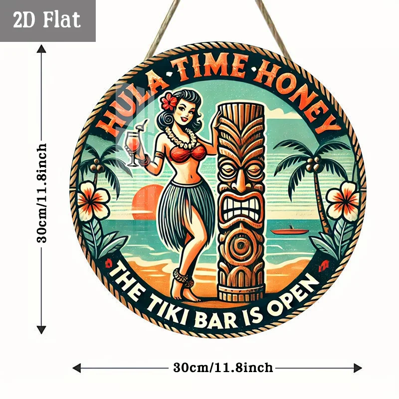 2D Flat - 1pc Time Wood Panel Painting, Tiki Abstract Round Wall Decor Island Vibes Round Wooden Decoration, Retro Design Wall A