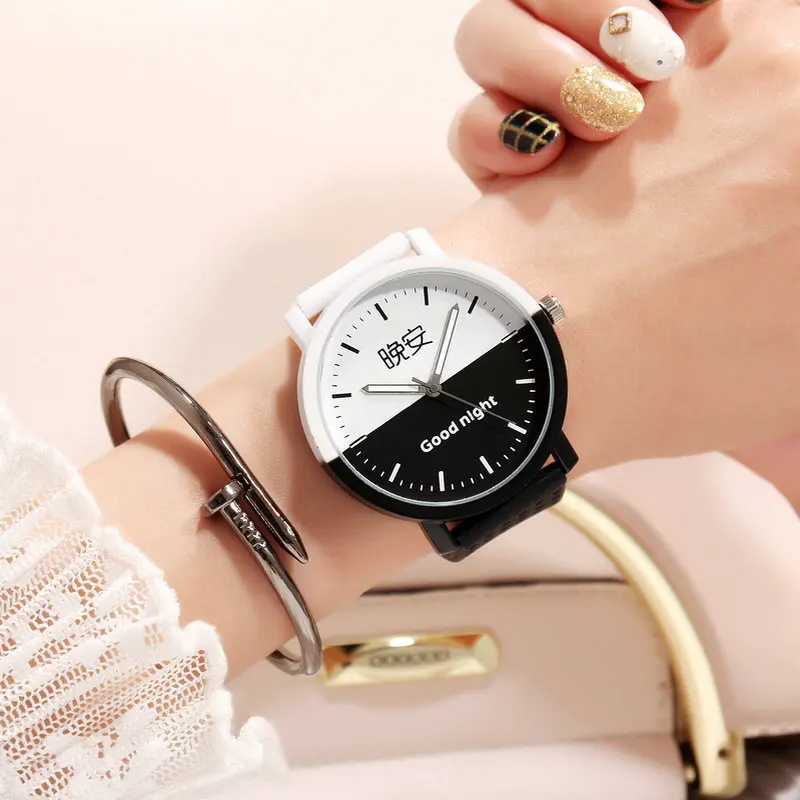 Reloj de cuarzo de cuero con esfera de buenos días para parejas, relojes de moda, tendencia, caja blanca y negra