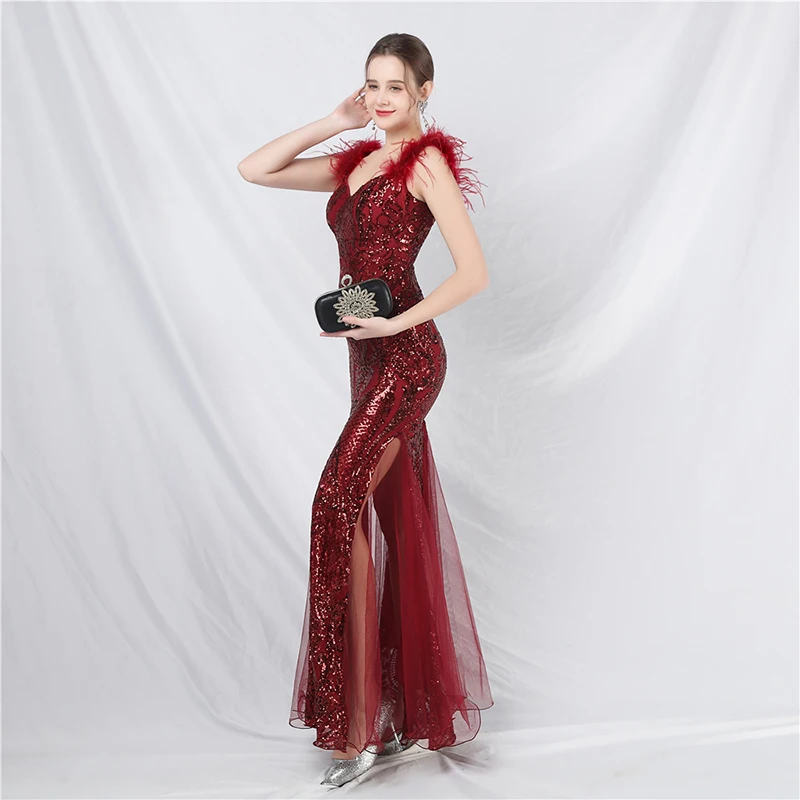 Summer 2024 New Fashion Sleeveless Feather Sequined Mesh Elegant Formal Occasion Cocktail Prom Evening Party Long Maxi dresses