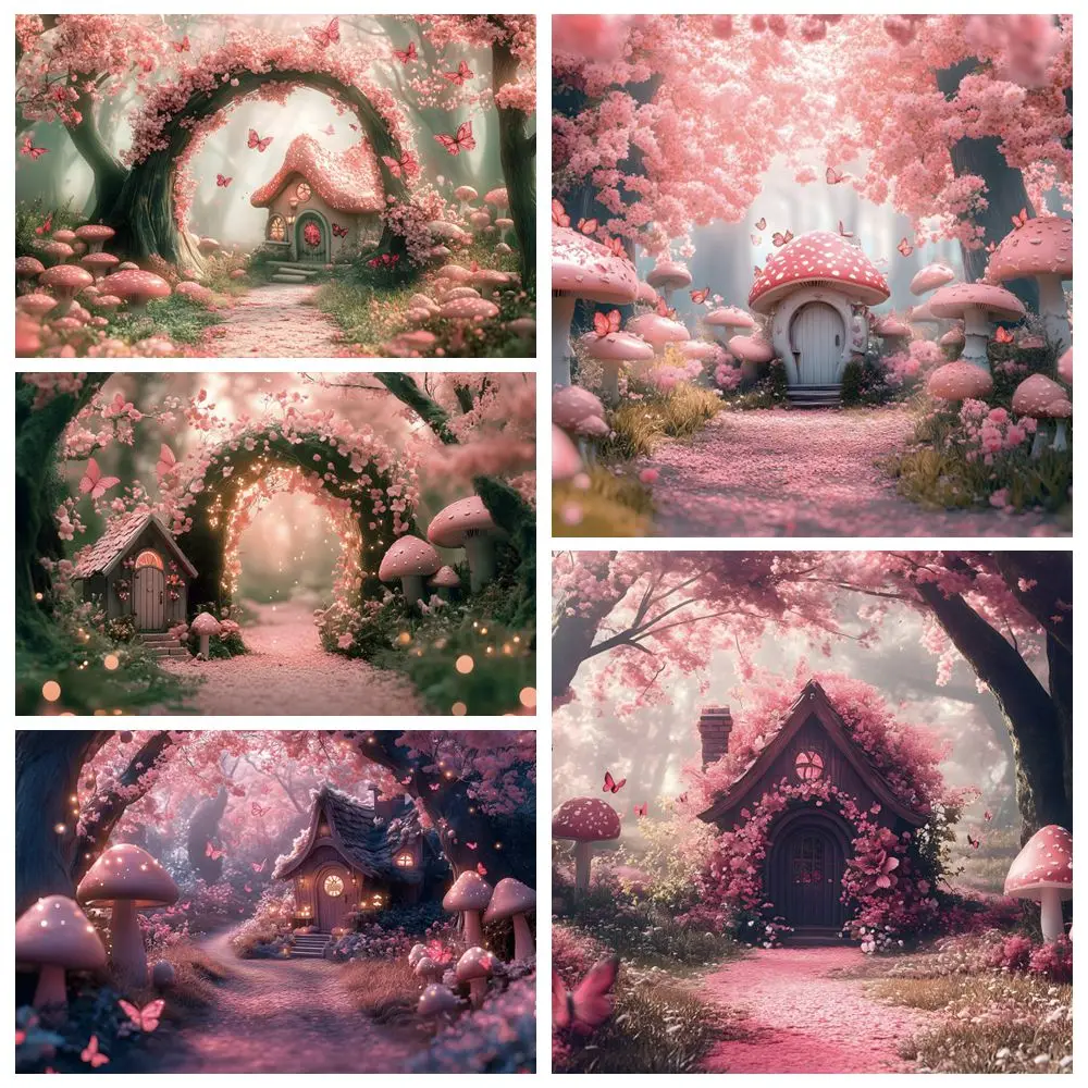 

Magic Forest Backdrop Wonderland Mushroom House Pink Flowers Butterfly Birthday Party Decor Photography Background Banner Poster