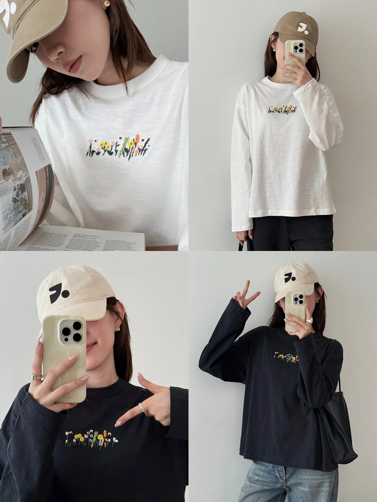 

Fi Buy Buy Повседневная хлопковая футболка Long Sve с вышитыми цветами, круглая футболка Ne, женский универсальный топ с цветочным принтом и растениями