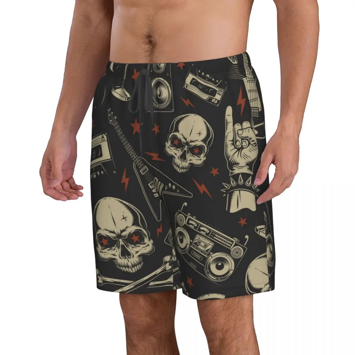 Skull Musical Electric Guitar And Cassette Men Swimsuit Swimming Trunks Boxer Swim Beach Quick Dry Swimming Shorts