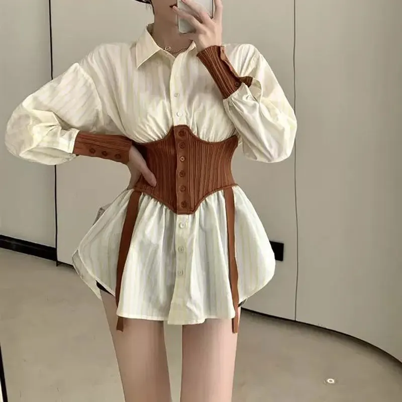 Office Lady Striped Patchwork Slim Waist Shirt Spring Autumn Single-breasted Women\'s Clothing Long Sleeve Fashion Lapel Blouse