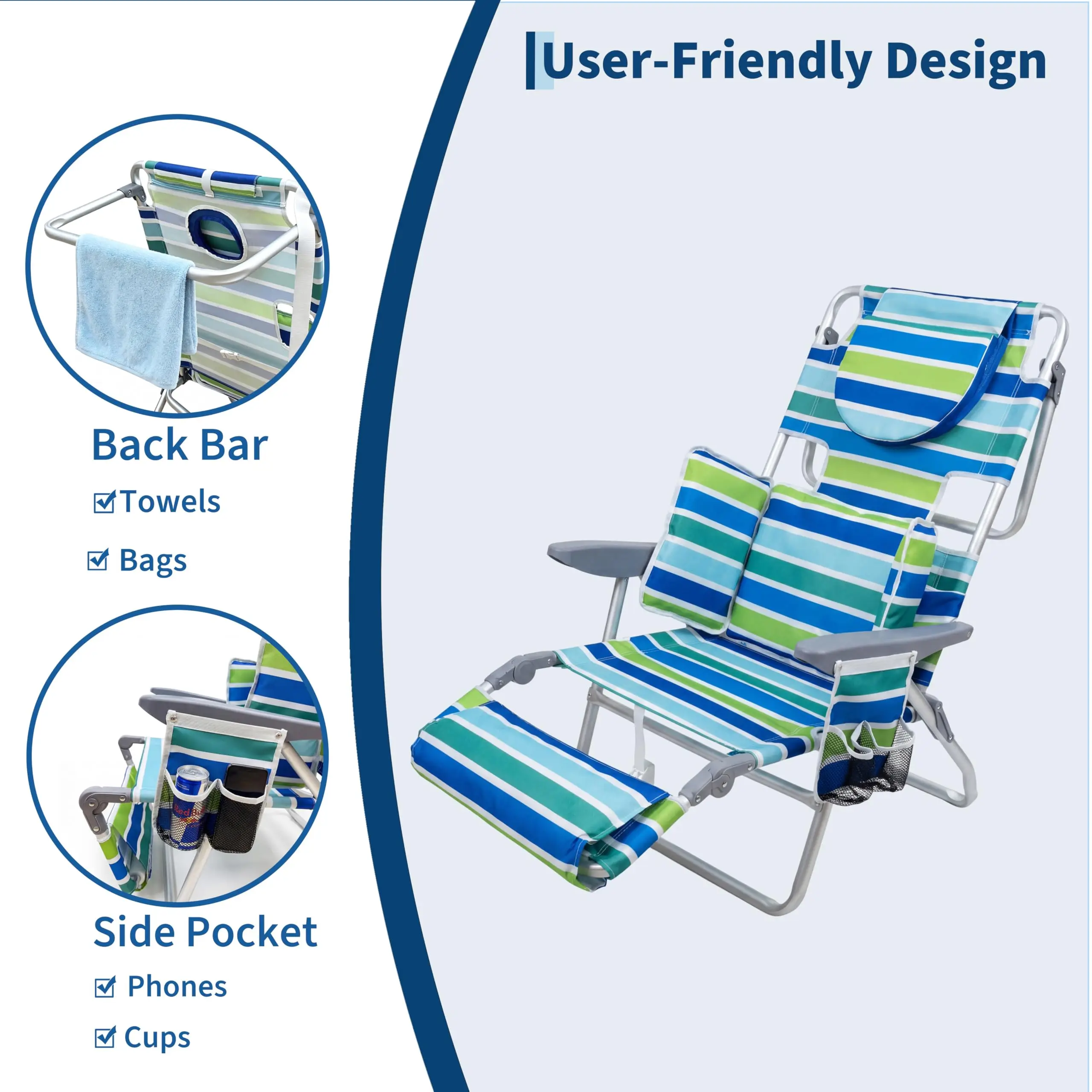 Deluxe 3 In 1 Beach Chair With Face Hole Folding Tanning Lounger Outdoor Sunbathing Chair With Adjustable Footrest Storage Pocket 330Lb Capacity For Beach Pool Patio Lawn