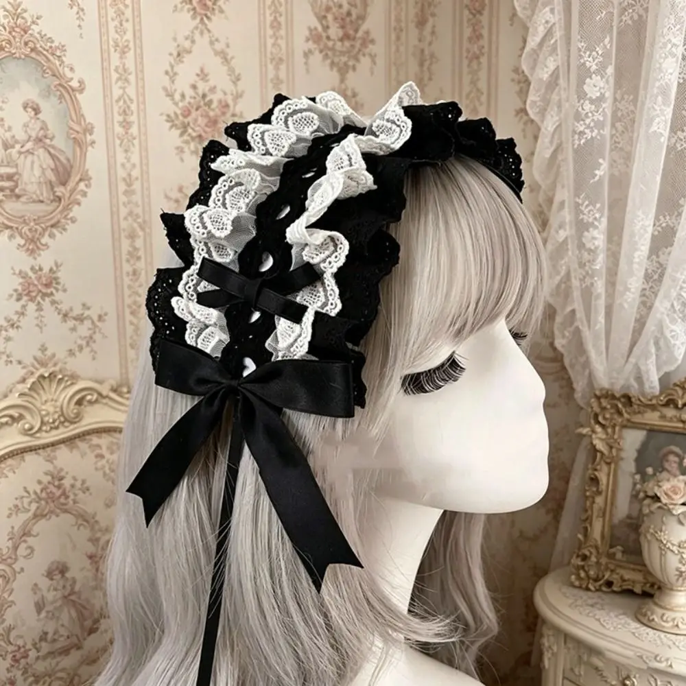 Cute Spicy Girl Lolita Wings Lace Headband Rivet Black Cosplay Headdress Hair Accessories Y2k Ruffled Hairband Comic Convention