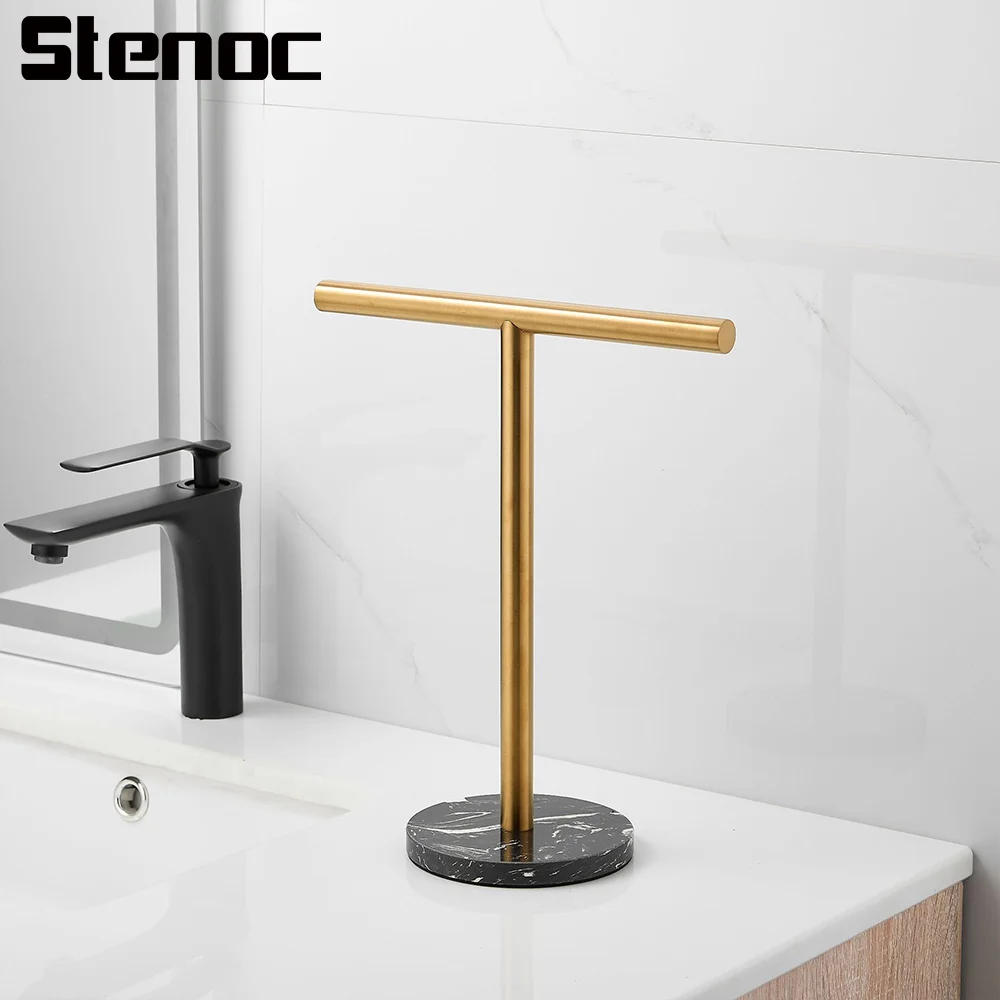 Stainless Steel Marble Base T-Shape Hand Towel Stand Bathroom Kitchen Countertop Towel Bar Rack Stand Vanity Stand Organizer