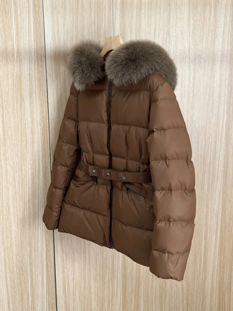 2023 New Women\'s Short Down Jacket Thickened Slim Waist Jacket Large Hair Collar Hooded 90% White Duck Down Coat Overcoat