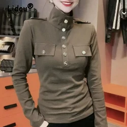 Women Clothing Korean Fashion Vintage Metal Buckle Slim Long Sleeve T-shirt Spring Autumn Y2K Stand Collar Solid Chic Basic Tops