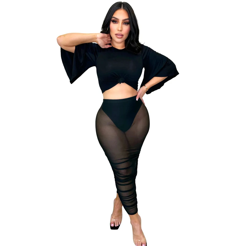 

Fashion Design Mesh Two Piece Sets Women Solid O Neck Loose Flare Sleeve T-shirt And See Through Long Skirt Summer Sexy Outfits