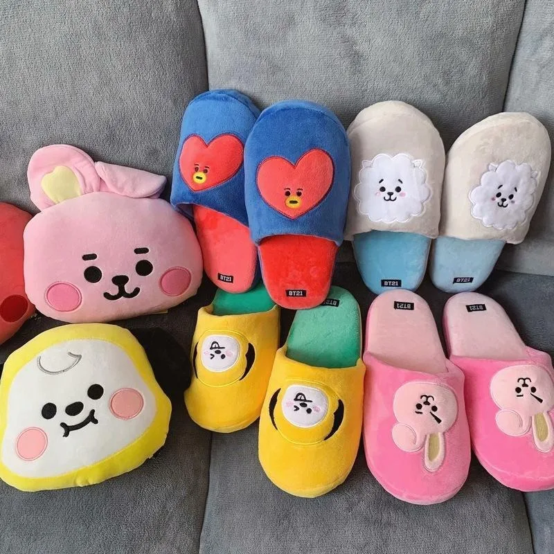 Anime BT21 Kawaii Plush Cotton Slippers Tata Chimmy Cooky Women Fashion Spring Autumn Indoor Non-Slip Slippers