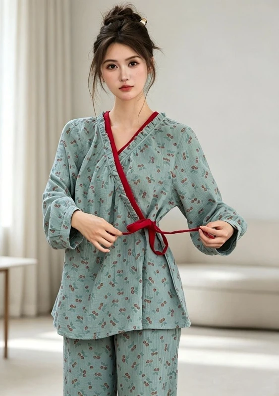 Spring Autumn Women 2Pcs Kimono Pajamas, Retro Printed Cotton Double-Layer Gauze Long Sleeve Trousers Loungewear Sleepwear