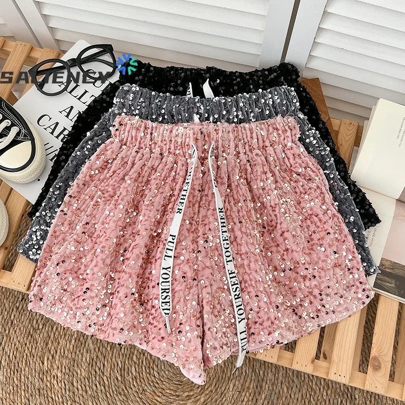 Letter Drawstring Elastic Waist Bling Sequins Shorts Wide Leg Trousers Casual Hot Trousers Female Summer Fashion