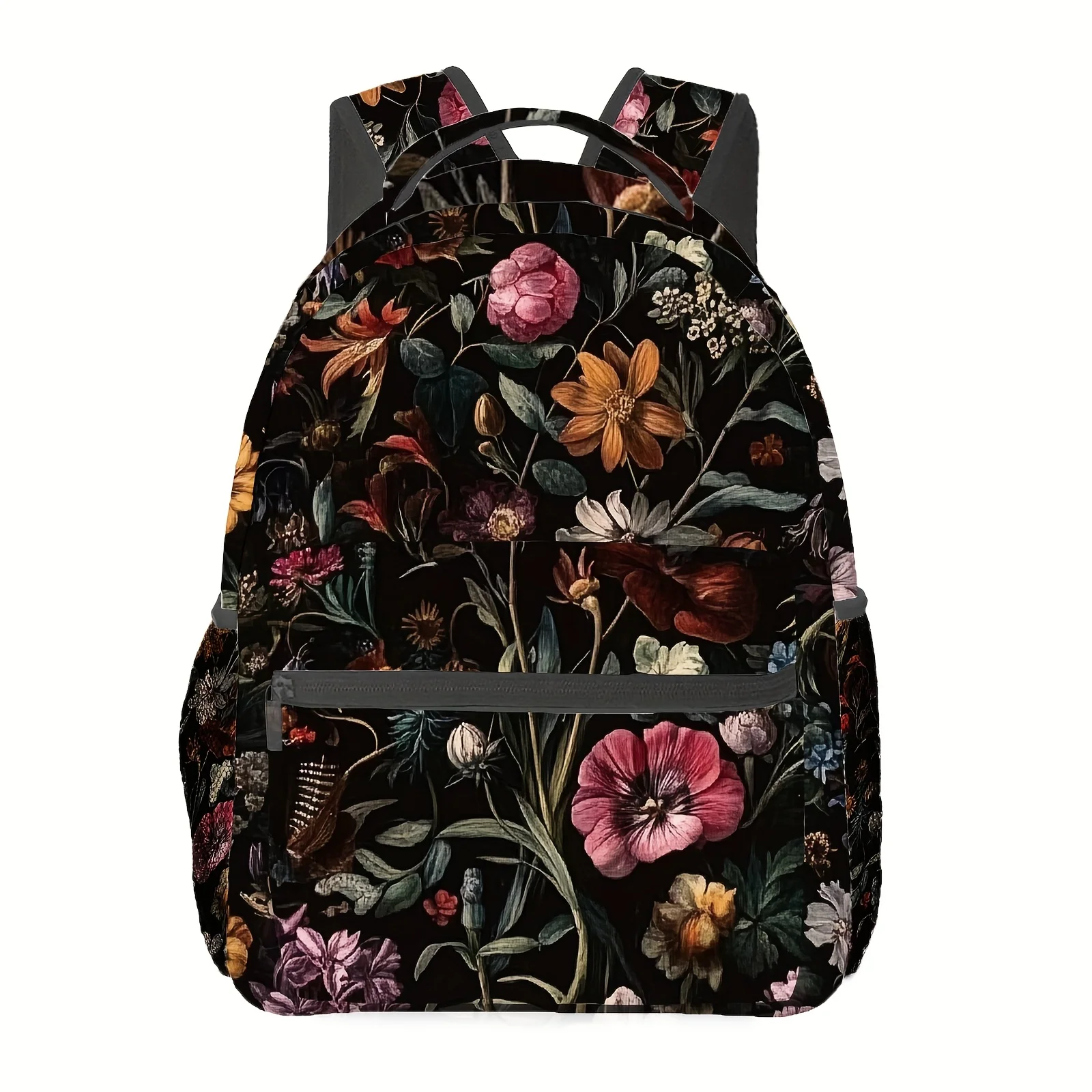 

Vintage Floral Print Backpack Stylish Laptop Bag with Adjustable Straps Foldable Design Black Colorful Flower Pattern for School