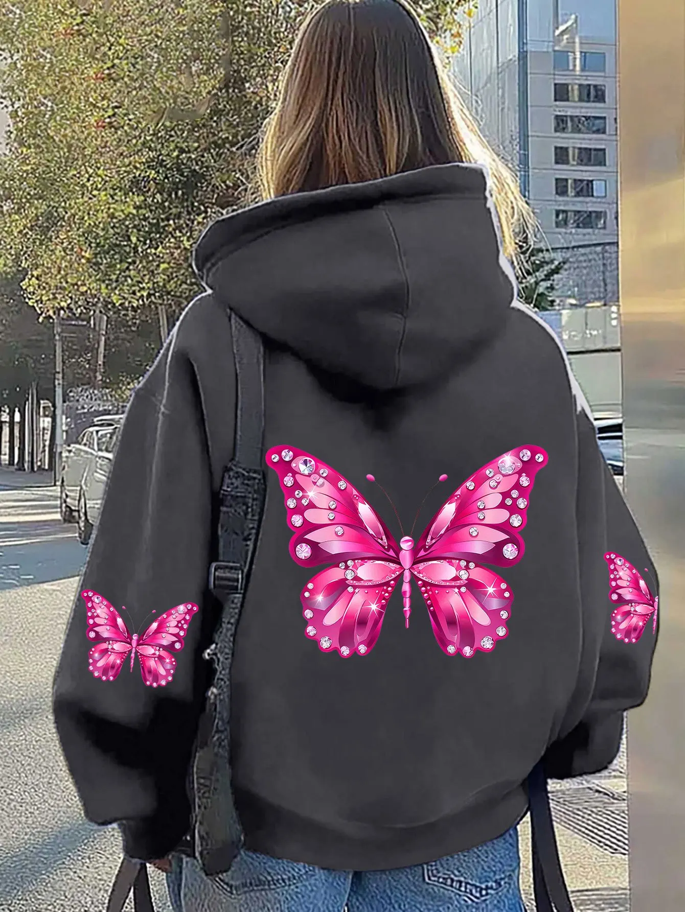 Women Butterfly Print Hoodie Unisex Autumn Winter Fleece Oversized Hooded Everyday Outdoors Hoodie for Any Occasion