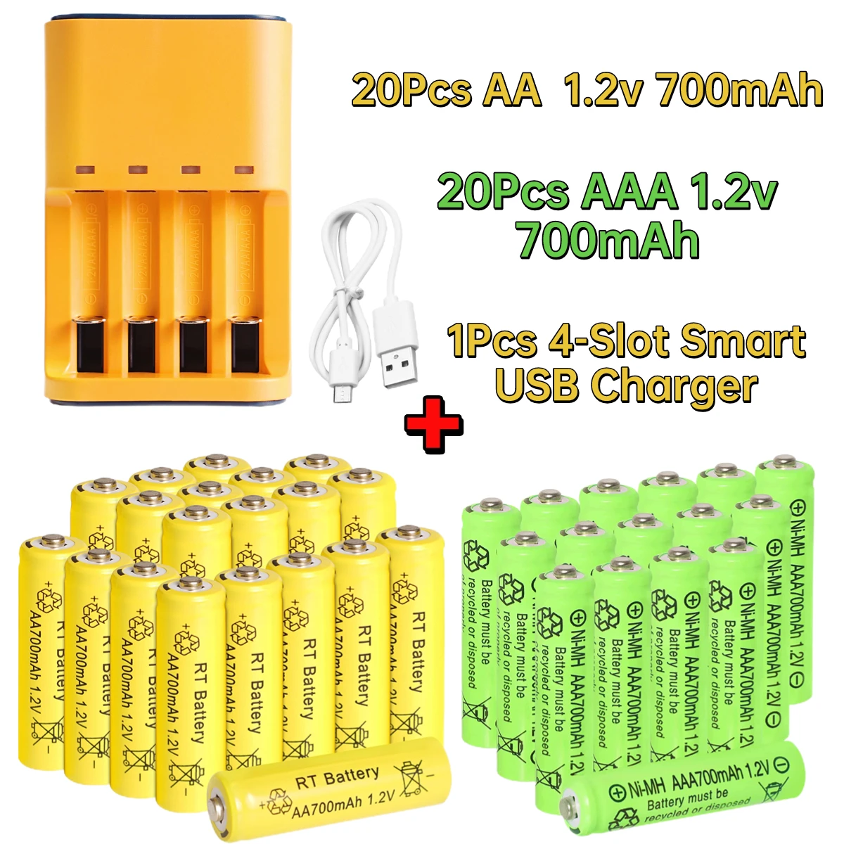 Skywolfeye 20Pcs AA and 20Pcs AAA 700mah Ni-MH Rechargeable Batteries 1.2v with 4 Slot Charger for Outdoor Garden Solar Lights