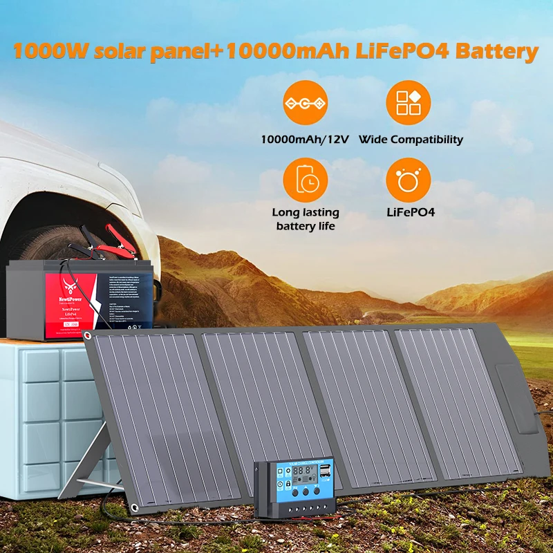 12V Solar Generator 1000W Foldable Solar Panel, 10000mAh LiFePO4 Battery Portable Power Station, For Outdoor Camping, Fishing