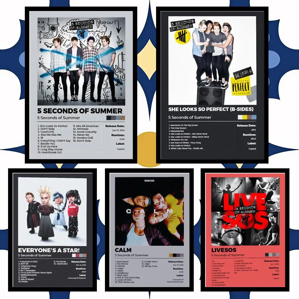 Band 5 S-Seconds Of S-Summer 5SOS DIY Album Cover Frameless Poster Wall Art Indoor Decor For Living Room Bar Bedroom Wall Decor