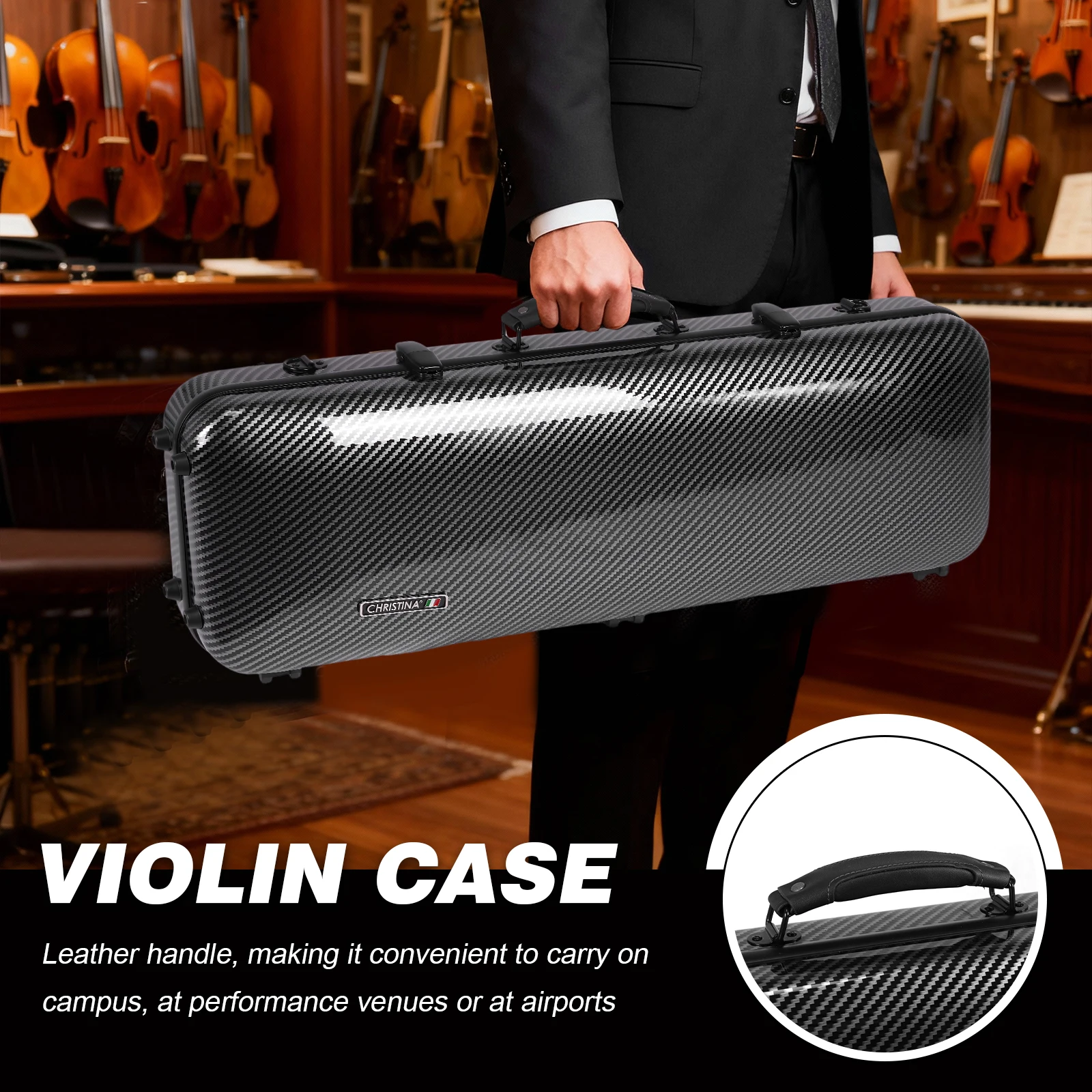 حافظة كمان من ألياف الكربون مقاس 4/4 بالحجم الكامل مع مقبض احترافي مستطيل الشكل كمان غطاء واقٍ مزخرف لهاتف آيفون أشرطة كتف للاستخدام اليومي