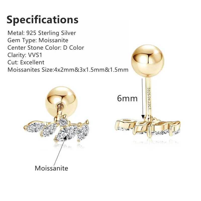 RAPRGOLD 925 Sterling Silver Moissanite Screw Thread Cartilage Stud Earrings for Women Piercing Earring Pendientes Jewelry Gifts 4