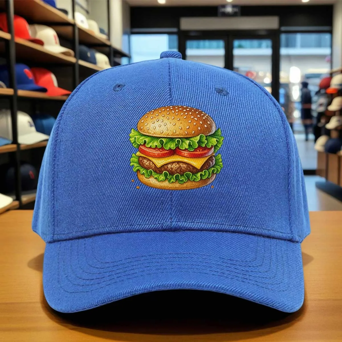 Delicious Cheeseburger Print Baseball Cap, Vintage Style Cap for Fast Food Lovers, Adjustable Size - Yummy Hamburger Dad Hat