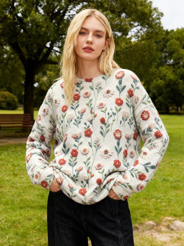 

Korean Plus Size Round Neck Printed Knitted Loose Long Sleeve Pullover Sweater Autumn Winter Warm Floral Pattern Women's Top