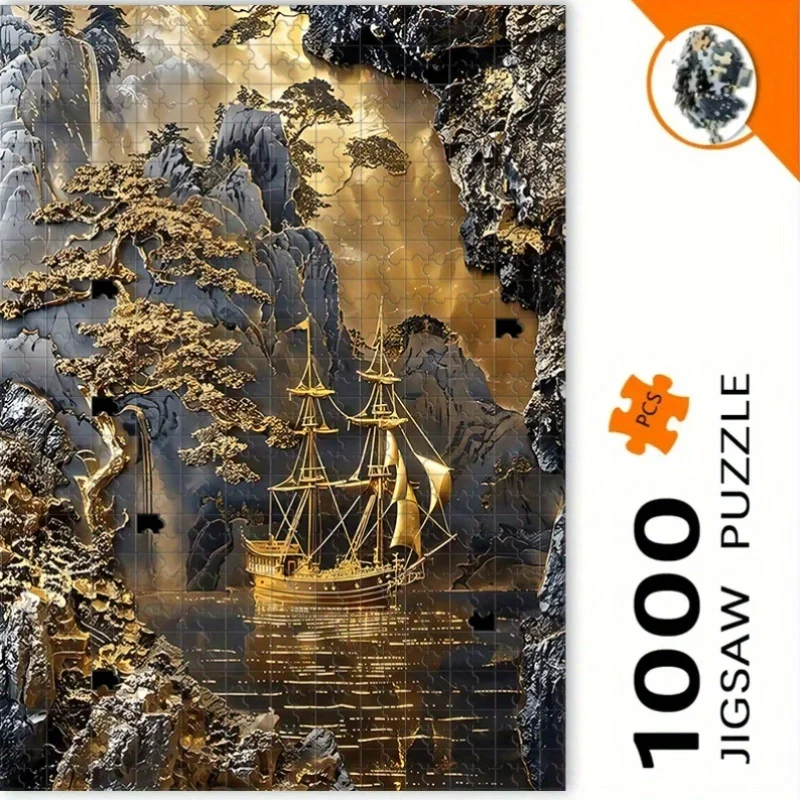 Ein faszinierendes 1000-teiliges Erwachsenenpuzzle mit goldenem Segelboot und einer geheimnisvollen Karte – ein interaktives Familienspiel, ein Mental Cha