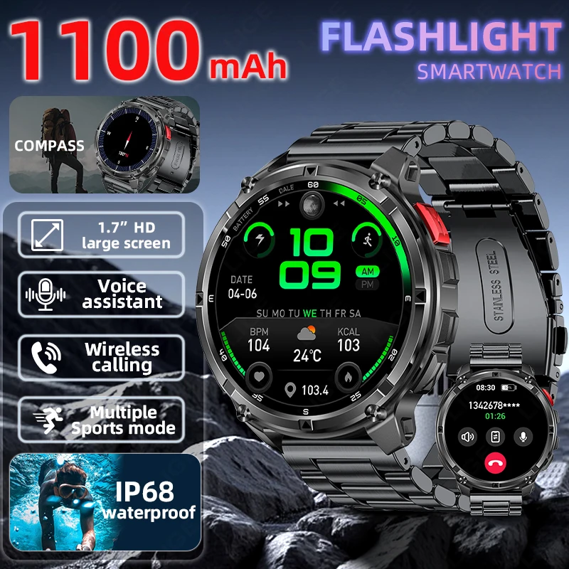 

LIGE Outdoor Sports Smart Watch Men HD Screen 1100mAh Large Battery Bluetooth Call IP68 Waterproof Compass Military Smartwatch