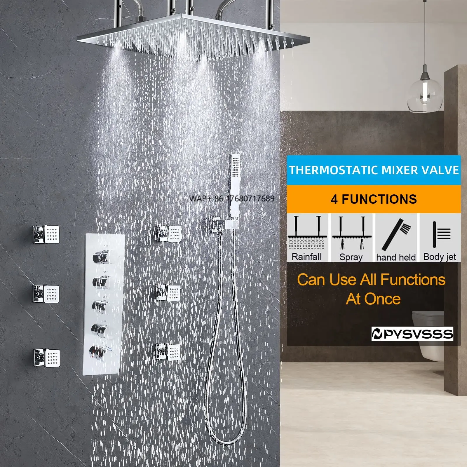 

Single Handle Thermostatic Brass Diverter Faucet with Shower Head for Hotel Bathtub Shower Set Contemporary Wall Mount Design