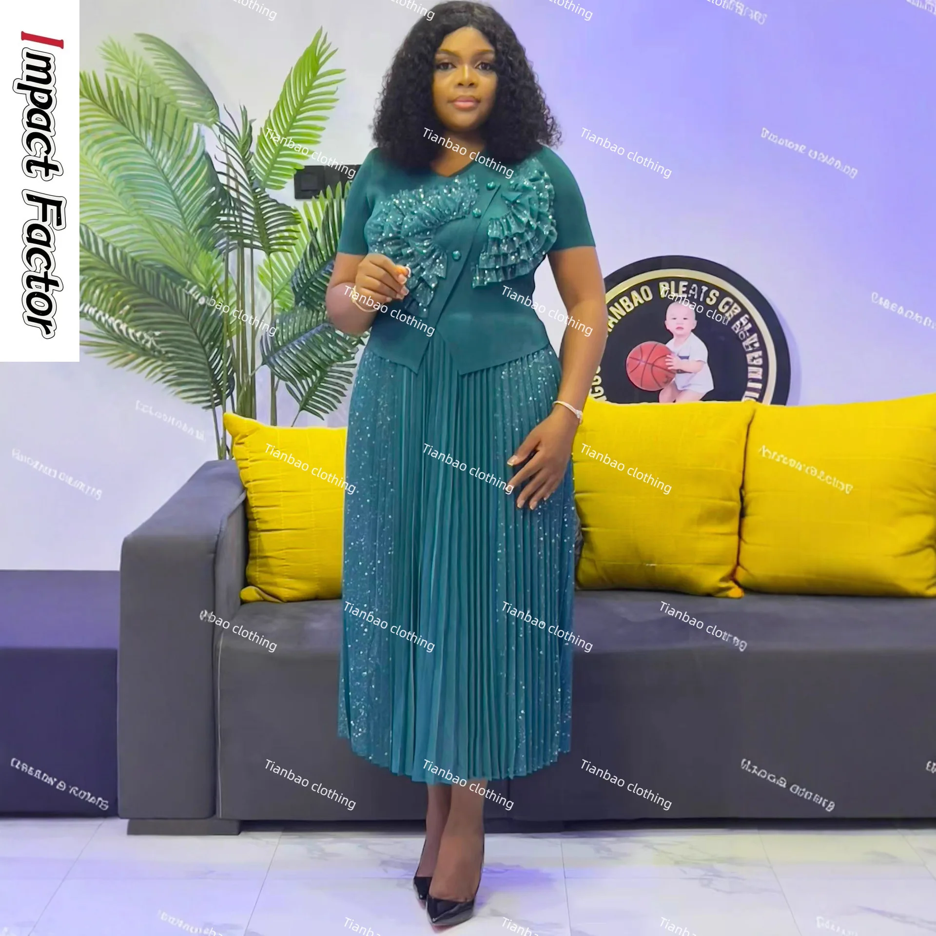 مياكي بالجملة خريف 2025 فستان جديد برونزي مكرنك يدويًا بأكمام قصيرة فستان نسائي كبير فضفاض متوسط وطويل #1