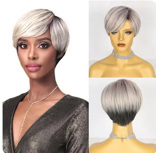 Short Straight Ombre Black Silver Gray Wigs Synthetic  Women Natural for Daily Party Cosplay