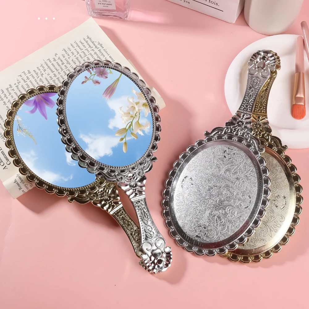 Vintage European Handheld Makeup Mirror Luxury Embossed Flower Hand Mirror Portable Cosmetic Mirror Vanity Tools for Women Gift