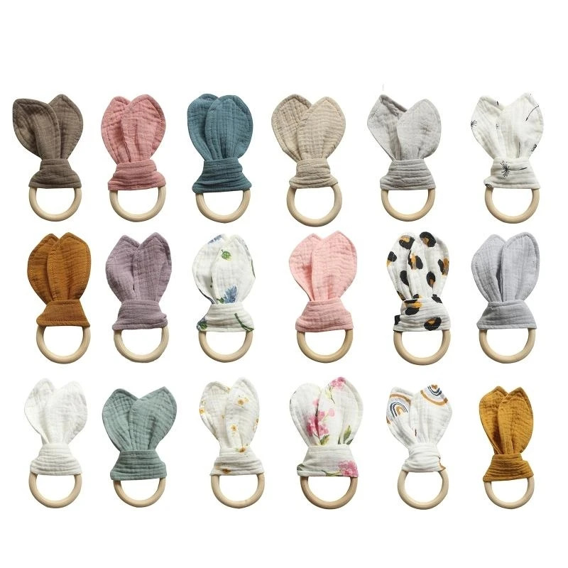 

M76C Baby Wooden Hand Grasp Toy Soft Cotton Rabbit Ears Teether Bracelet Comforting Toy Teething Sensory Rattle