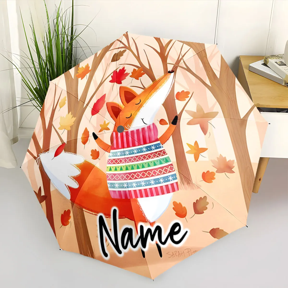 Custom Name Umbrella Fox in a Cozy Forest Scene Umbrella Print 8 Iron Ribs Folding Umbrella Auto-Open Fashion Sunshade